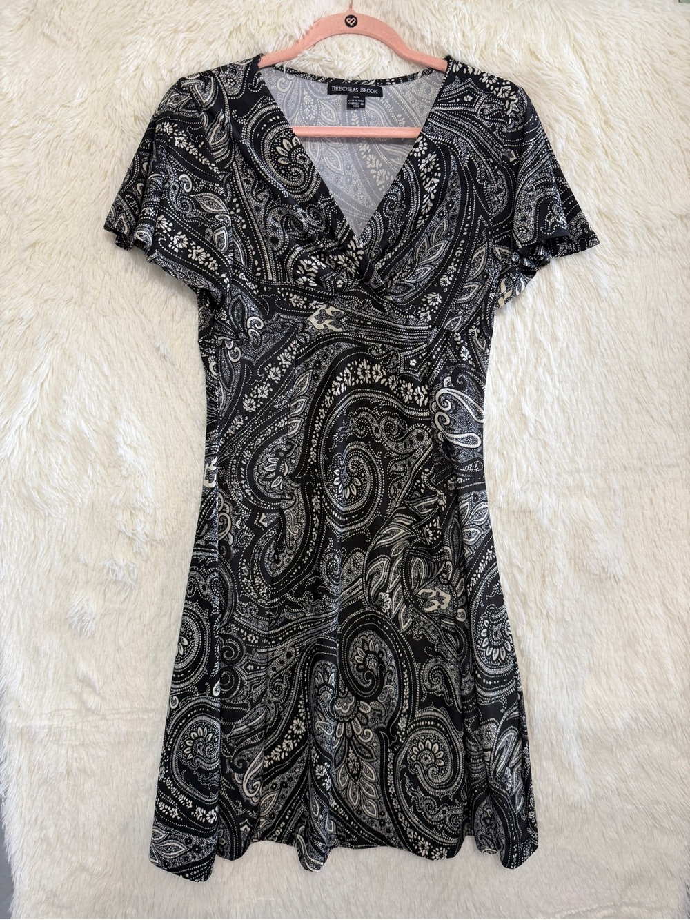 Beechers Brook Womens Paisley Print Babydoll Mini Dress Size M Black White Boho
